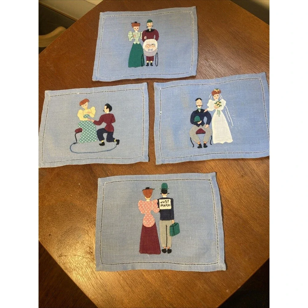 Vintage Cocktail Napkins Married  Couple Wedding Gift Madeira Embroidered Linen